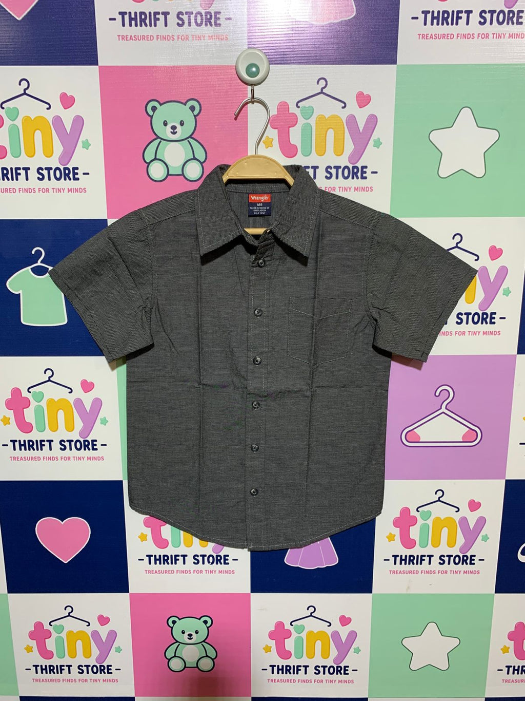 Wrangler Boys Charcoal Grey Micro-Striped Short Sleeve Button-Down - Size 8 Estimated Age 8 Years AB1