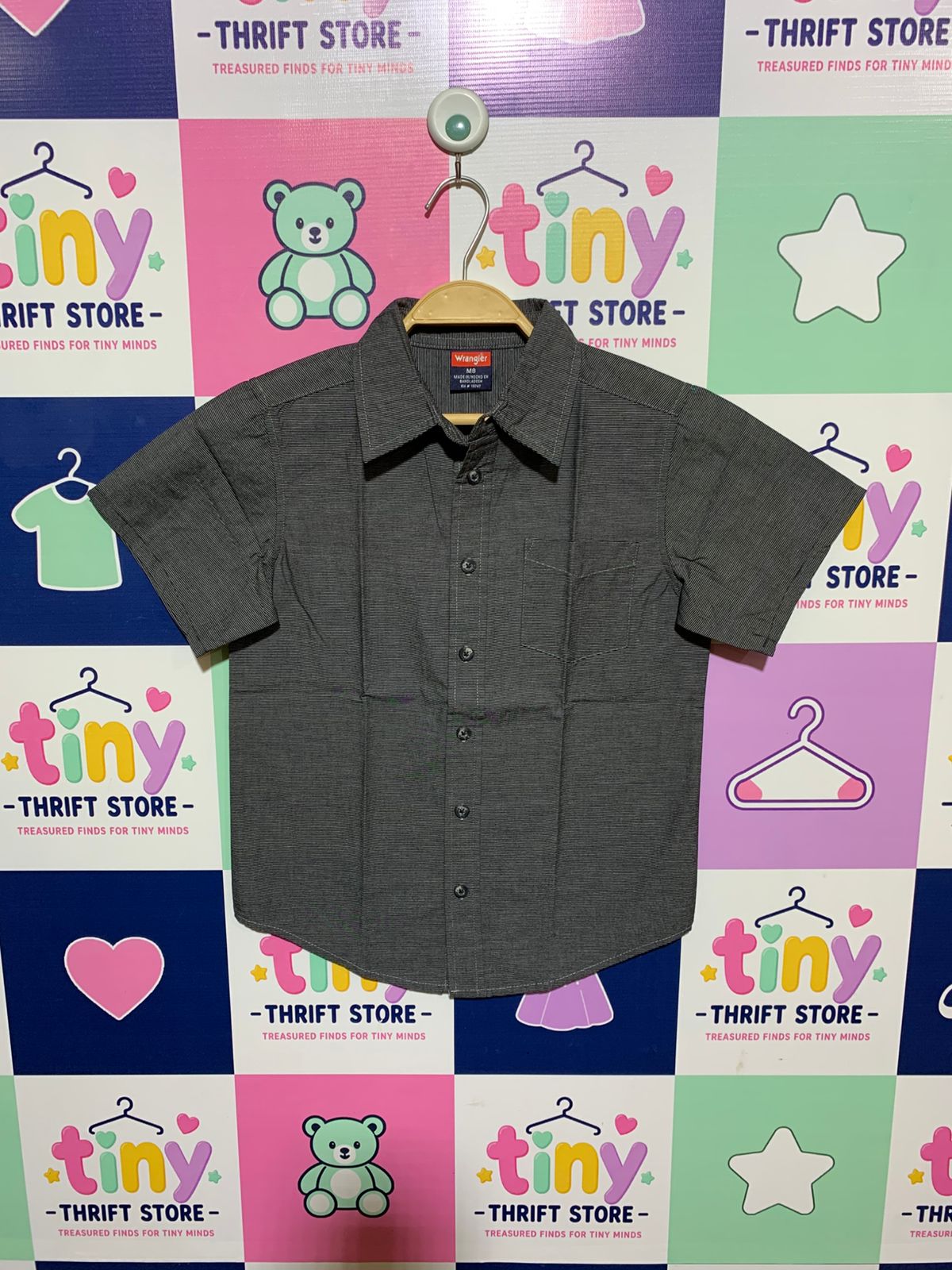 Wrangler Boys Charcoal Grey Micro-Striped Short Sleeve Button-Down - Size 8 Estimated Age 8 Years AB1