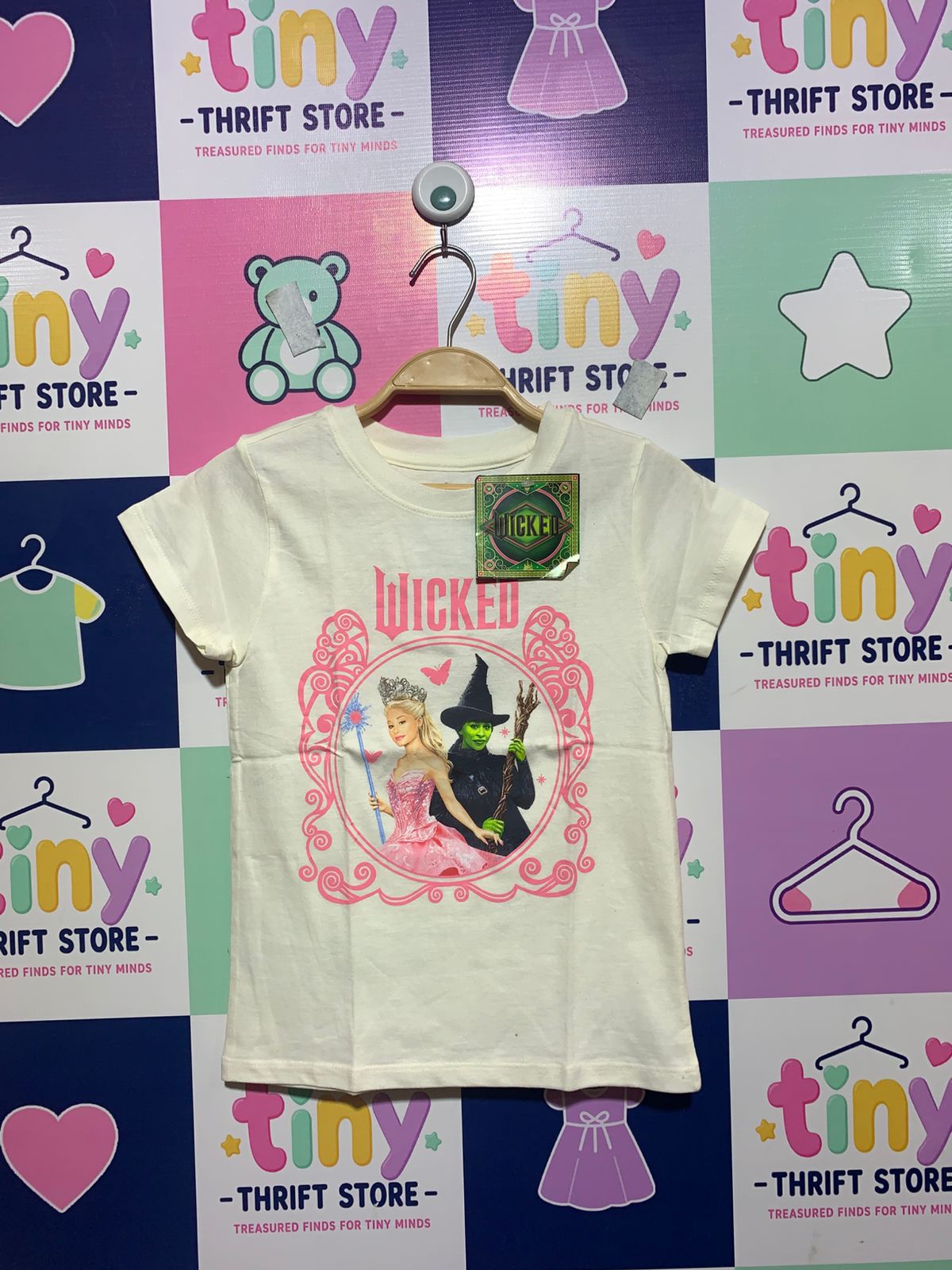 Official Wicked Movie Girls Heather Grey Glinda & Elphaba Graphic Tee - Size Estimated Age 7-8Y AB1