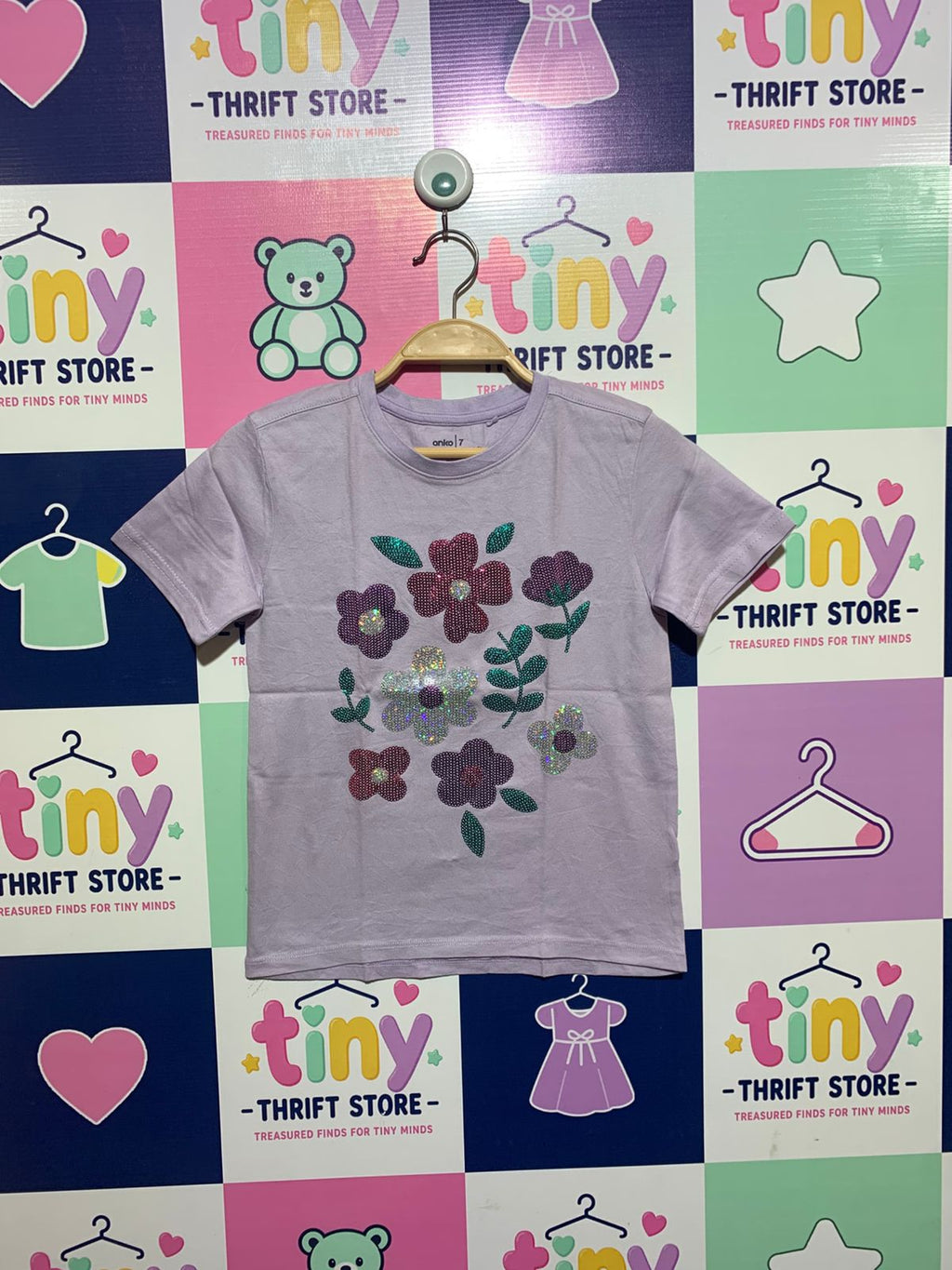 Anko Girls Lilac Floral Sequin Graphic Tee - Size Estimated Age 7Y AB1