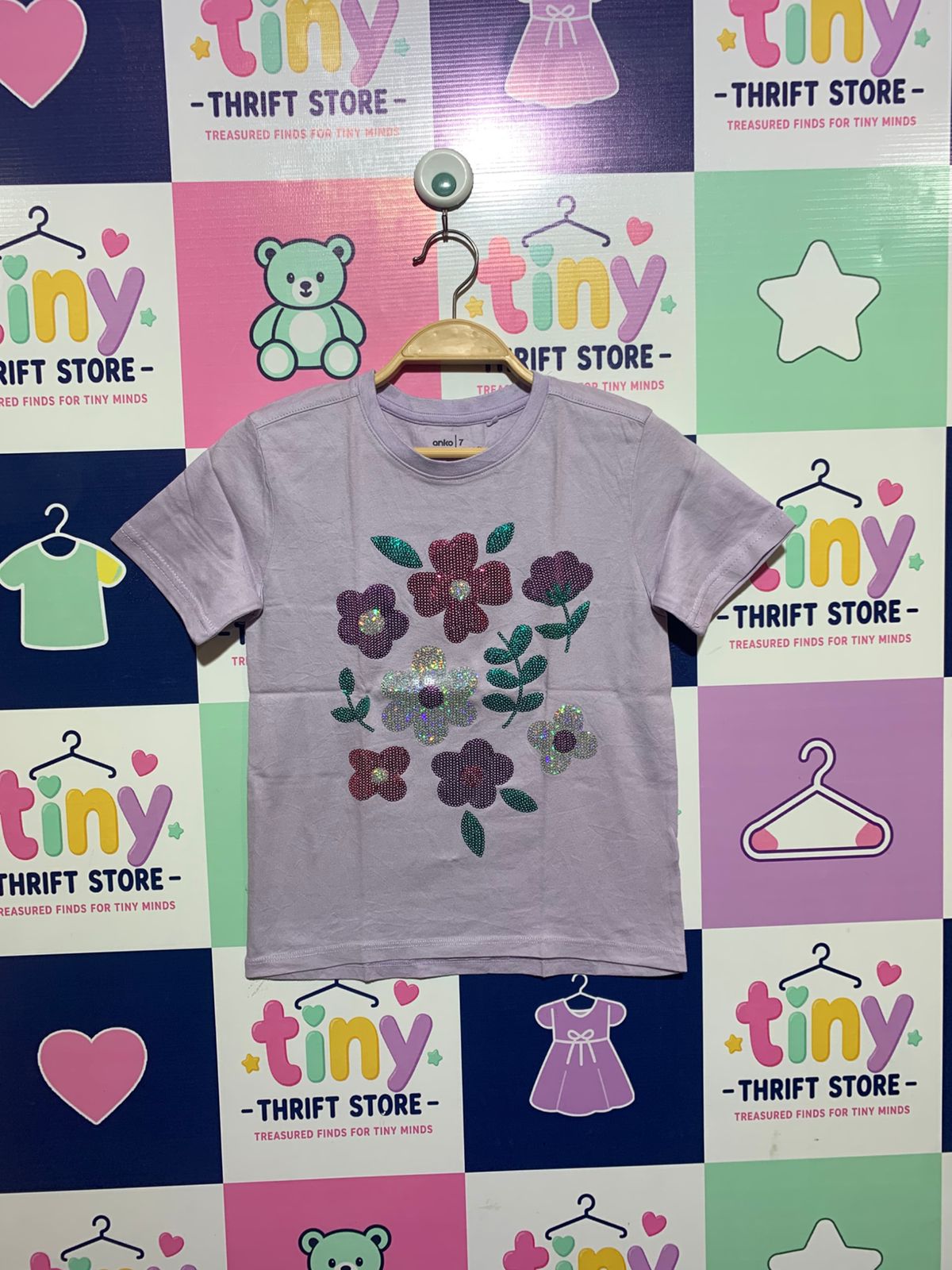 Anko Girls Lilac Floral Sequin Graphic Tee - Size Estimated Age 7Y AB1