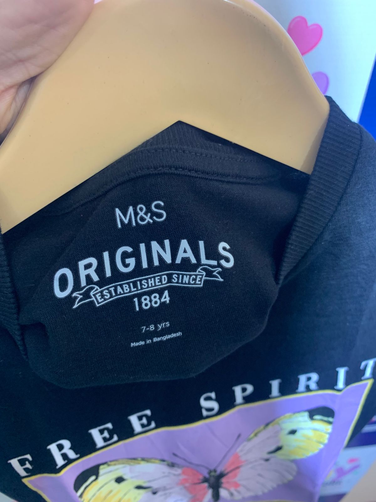 M&S Originals Girls Navy "Free Spirit" Butterfly Graphic Tee - Size 7-8 Years AB1