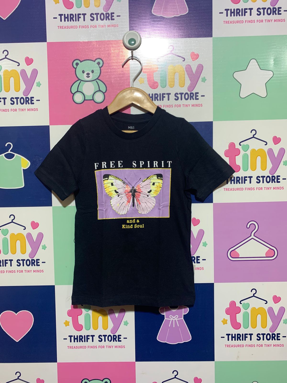 M&S Originals Girls Navy "Free Spirit" Butterfly Graphic Tee - Size 7-8 Years AB1