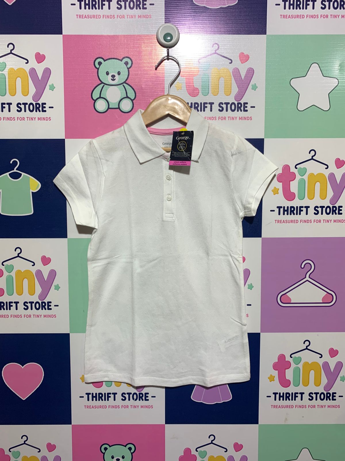 George Girls White Short-Sleeve School Uniform Polo Shirt - Size Estimated Age 7-8 Years AB1
