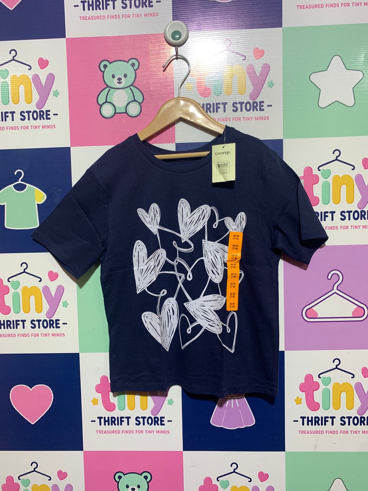 George Girls Navy "Scribble Hearts" Graphic Tee - Size Estimated Age 7-8 Years AB1