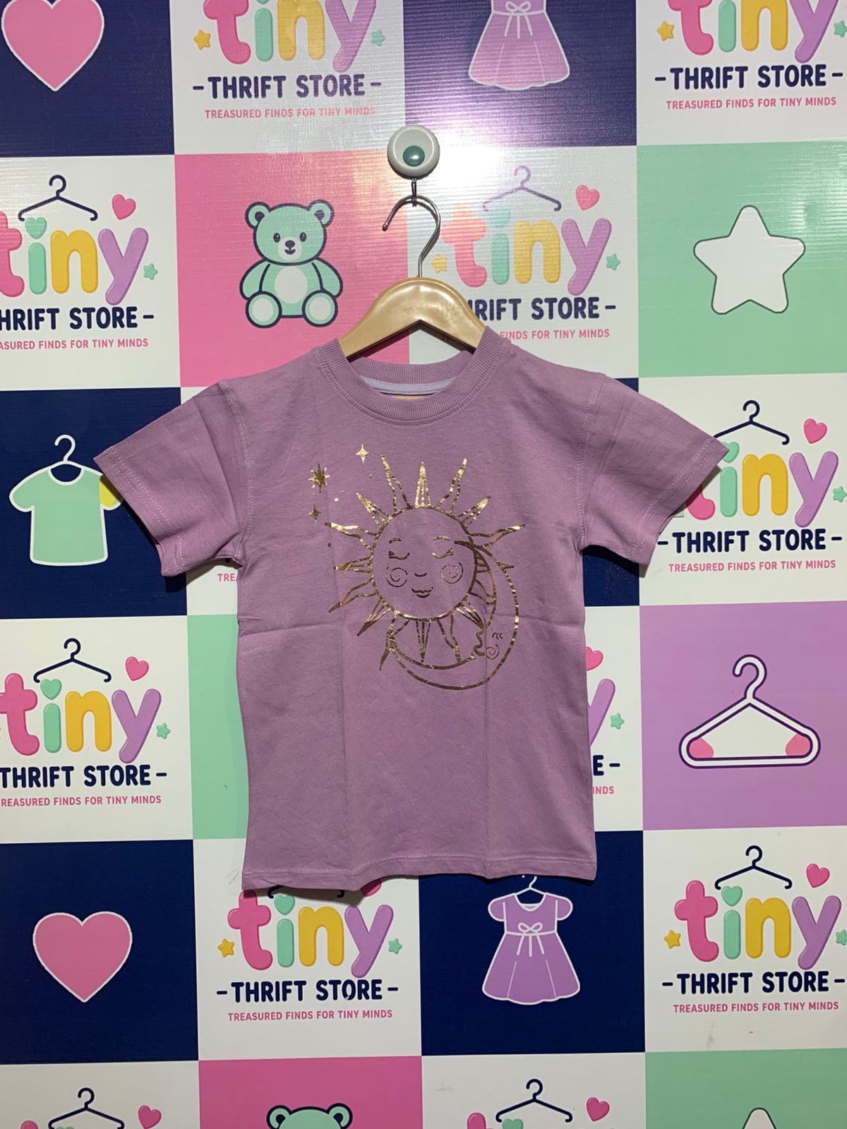 Mini Mango Girls Lavender "Celestial Sun & Moon" Graphic Tee - Size Estimated Age 7 Years AB1