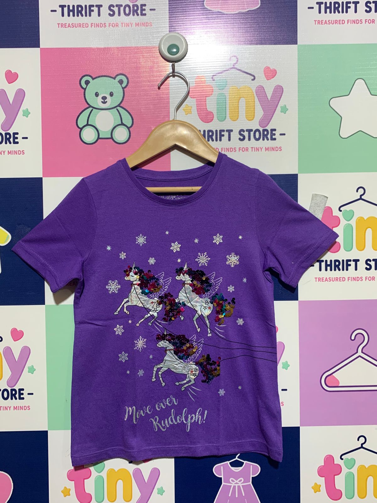 F&F Girls Purple "Move Over Rudolph" Sequin Unicorn Christmas Tee - Size Estimated Age 7-8 Years AB1