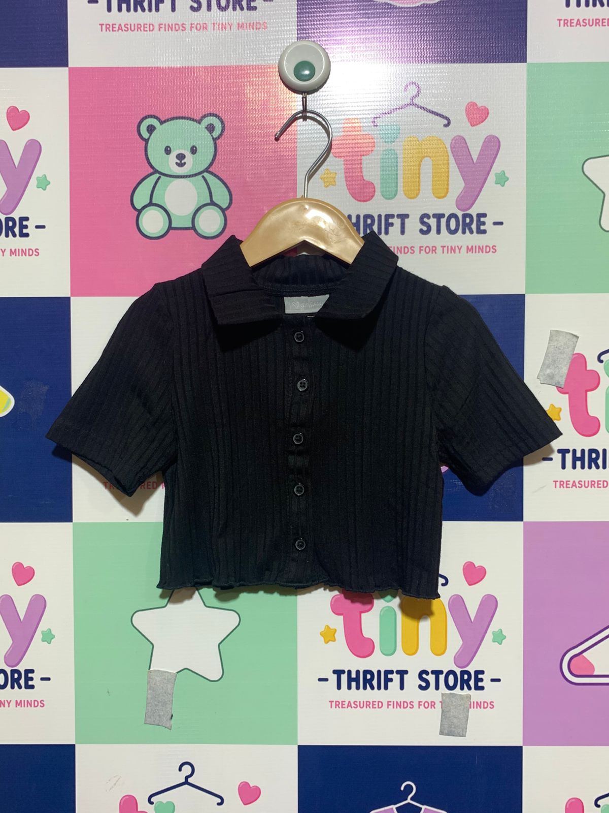 I ♡ Girlswear Girls' Black Ribbed Button-Down Cropped Polo - Age 7 AB1