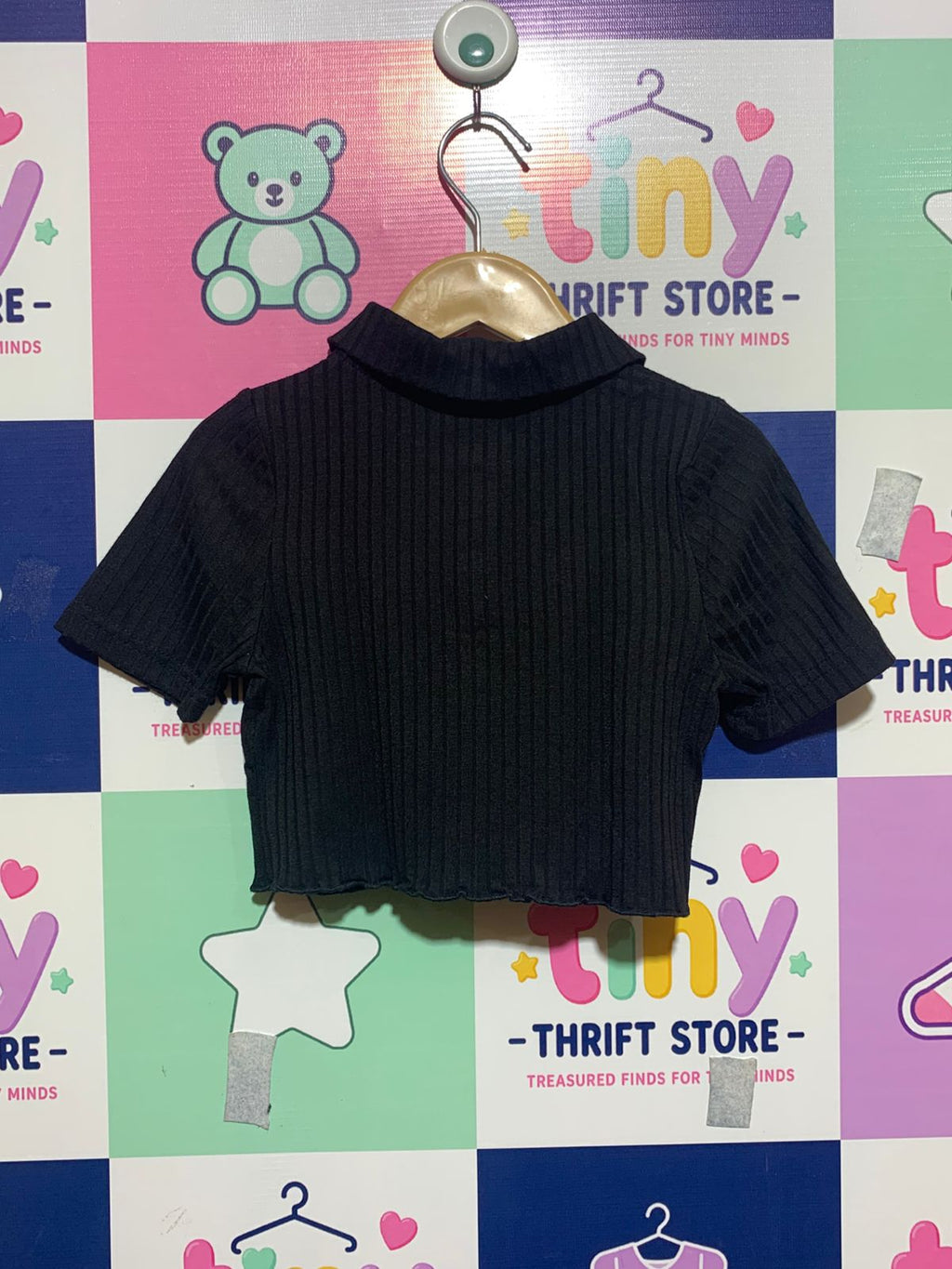 I ♡ Girlswear Girls' Black Ribbed Button-Down Cropped Polo - Age 7 AB1