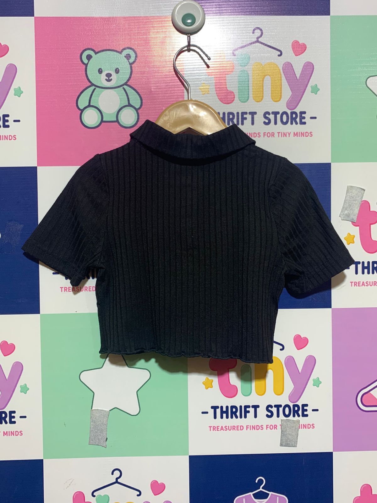I ♡ Girlswear Girls' Black Ribbed Button-Down Cropped Polo - Age 7 AB1