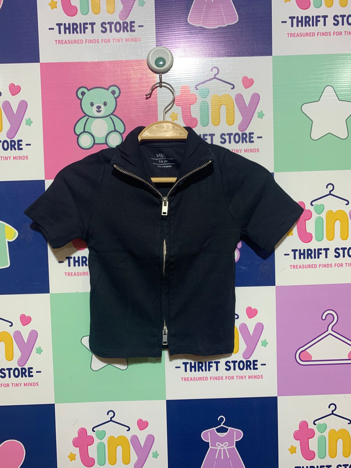 M&S Girls' Navy Ribbed Two-Way Zip Polo Top - Size 7-8 Yrs Estimated Age 7-8 Years AB1