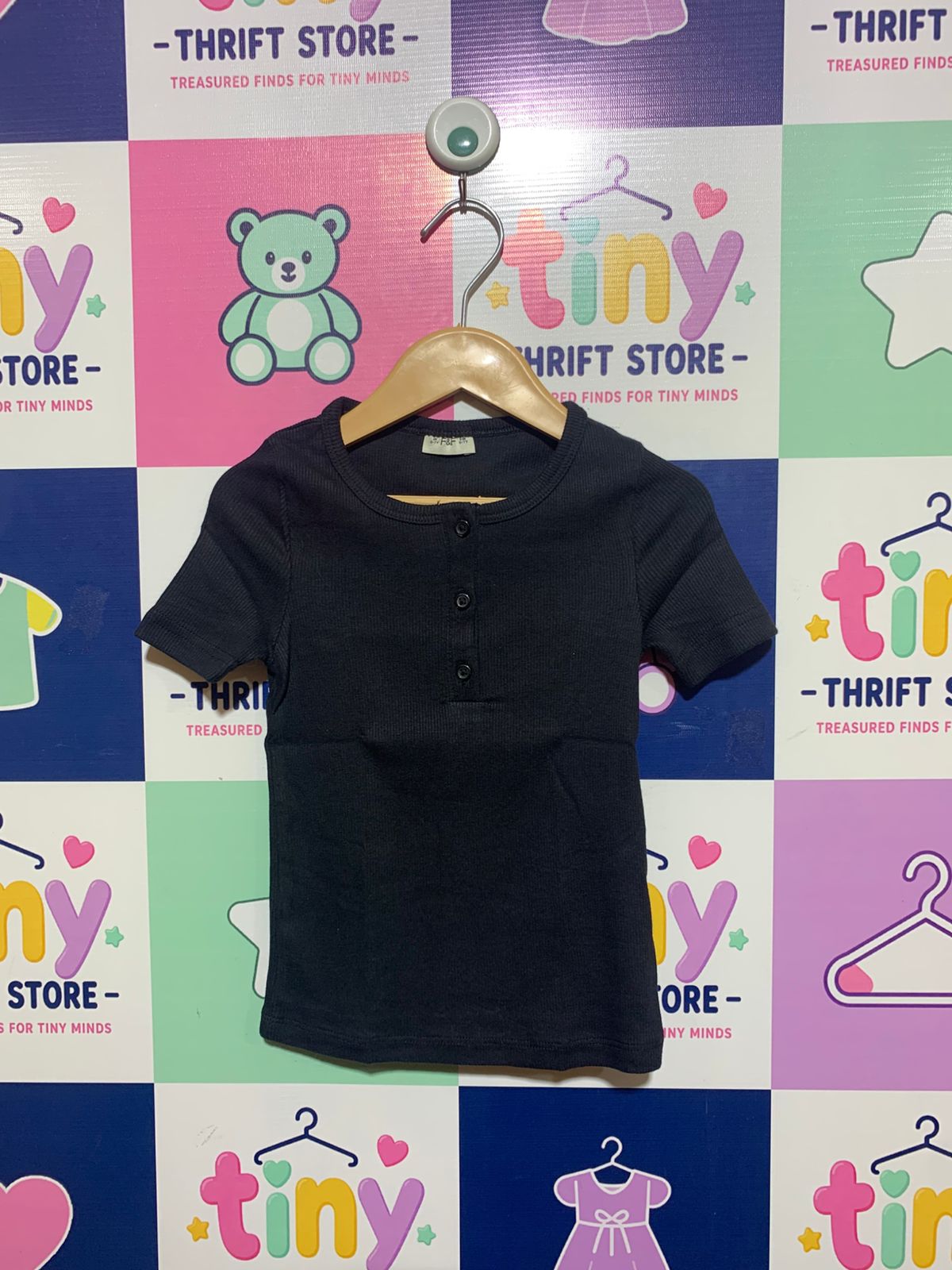 F&F Girls' Black Ribbed Henley Short Sleeve Top - Size 6-7 Yrs Estimated Age 6-7 Years AB1