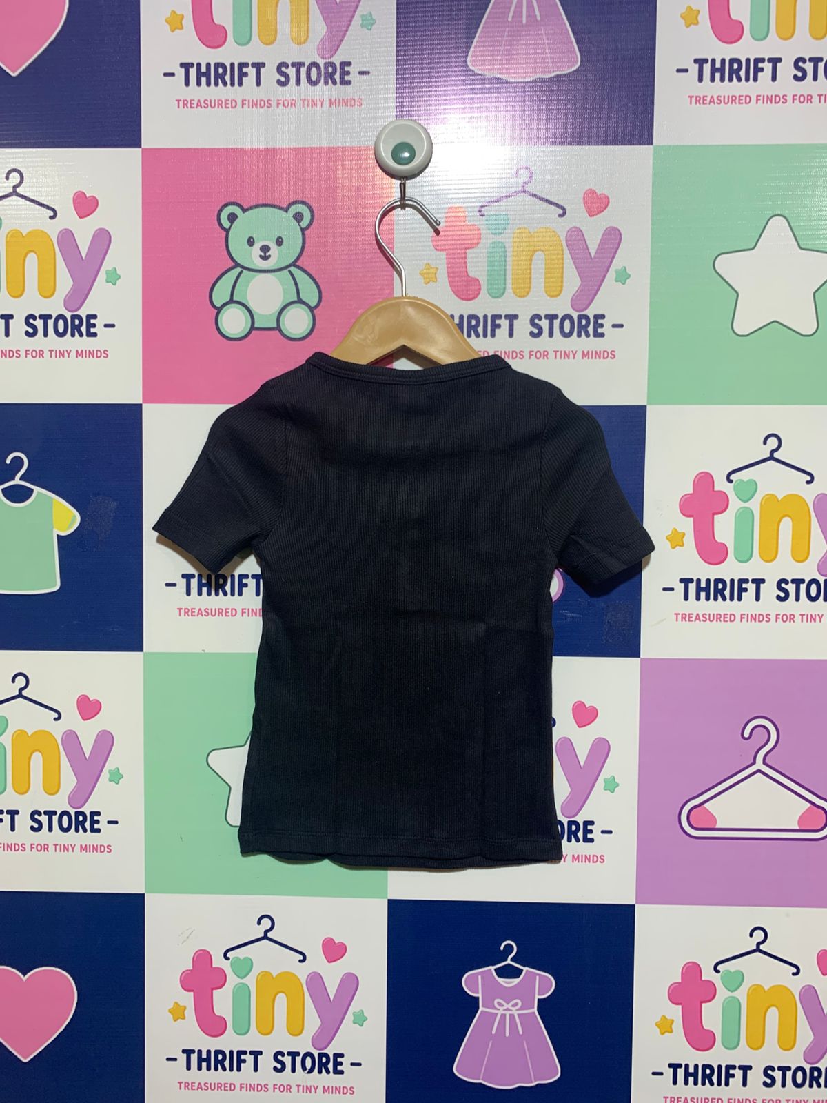 F&F Girls' Black Ribbed Henley Short Sleeve Top - Size 6-7 Yrs Estimated Age 6-7 Years AB1