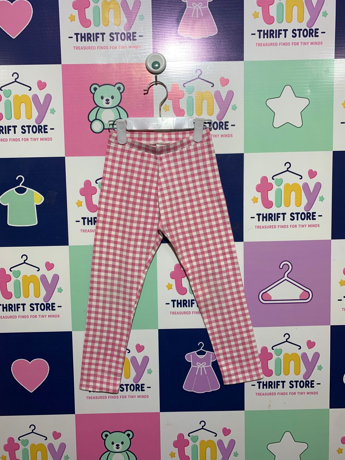 Zara Kids Pink Gingham Checkered Stretch Leggings - Size 7 (122 CM) AB1