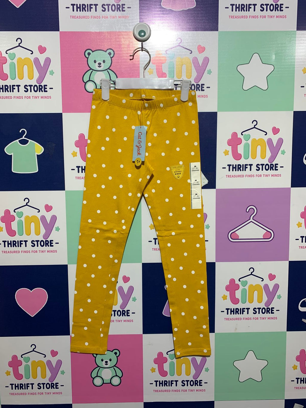 Cat & Jack Girls Mustard Yellow Polka Dot "Tough Cotton" Leggings - Size M (7/8) Estimated Age 7-8 Years AB1