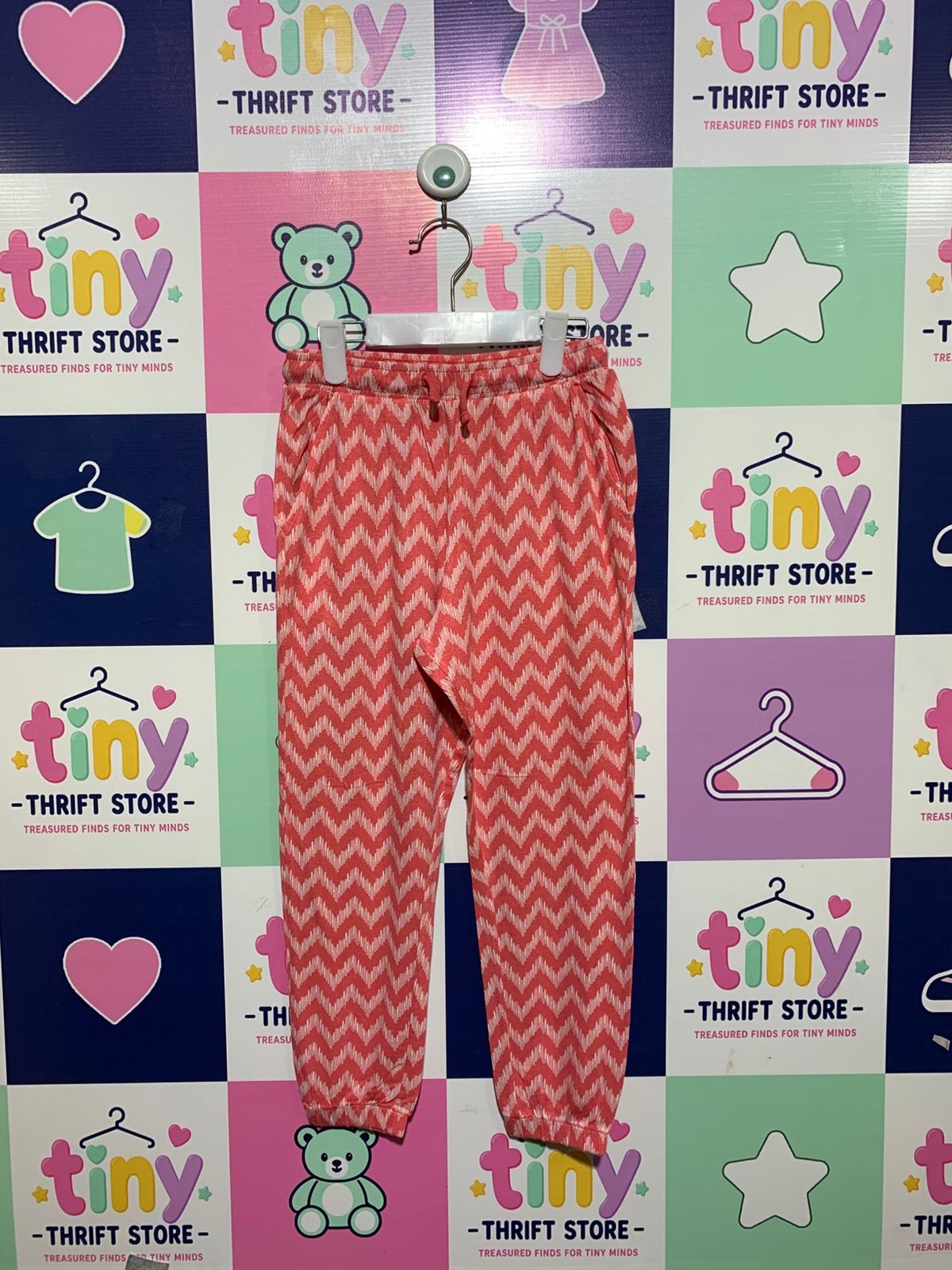 Pepperts! Kids Coral & White Chevron Print Joggers - Size Estimated Age 7-8 Years AB1