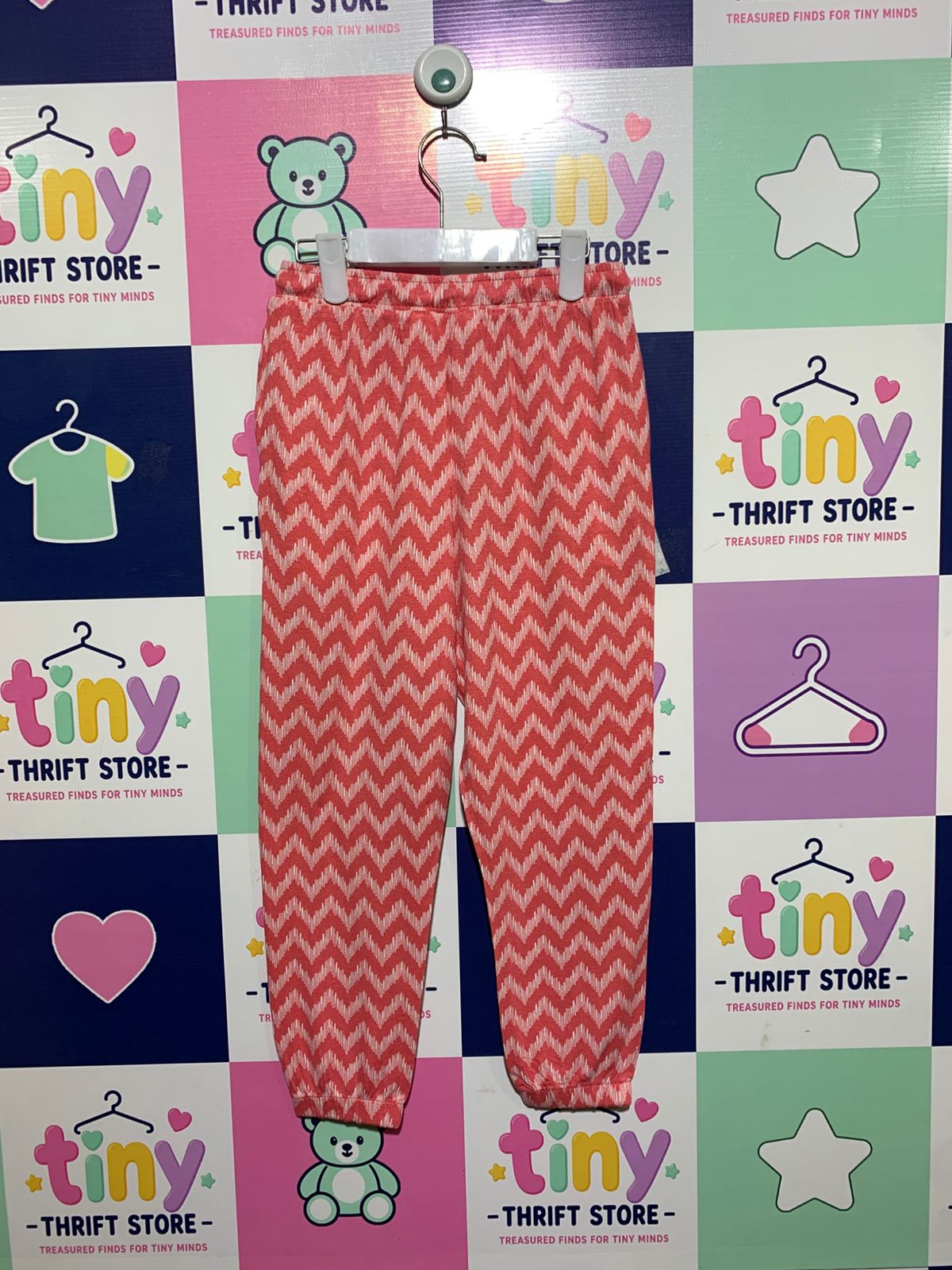Pepperts! Kids Coral & White Chevron Print Joggers - Size Estimated Age 7-8 Years AB1