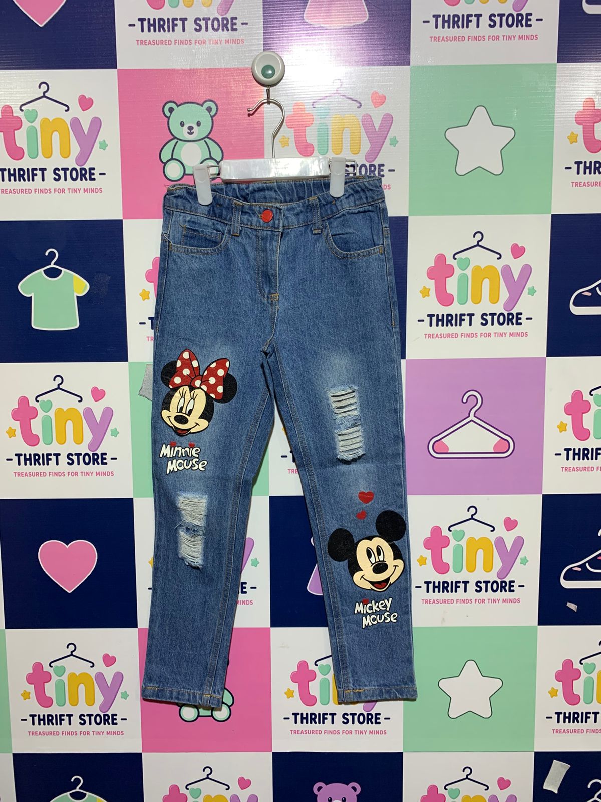 Disney Mickey & Friends Kids Distressed "Mickey & Minnie" Denim Jeans - Size 120 Estimated Age 6-7Y AB1