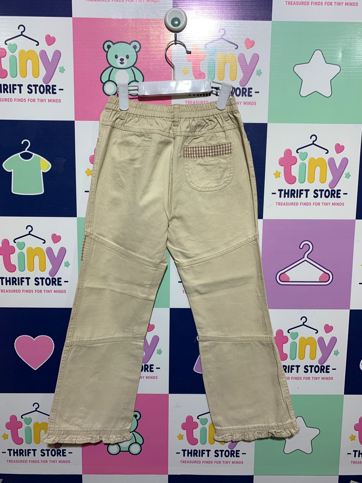 Dekubo Girls Beige Gingham Patchwork Ruffle Hem Trousers - Size 130 (Estimated Age 7-8Y) AB1