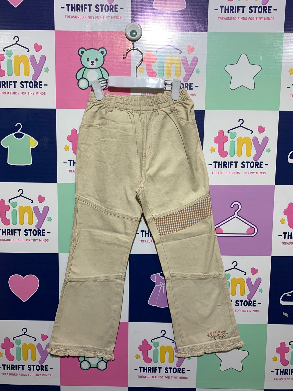 Dekubo Girls Beige Gingham Patchwork Ruffle Hem Trousers - Size 130 (Estimated Age 7-8Y) AB1
