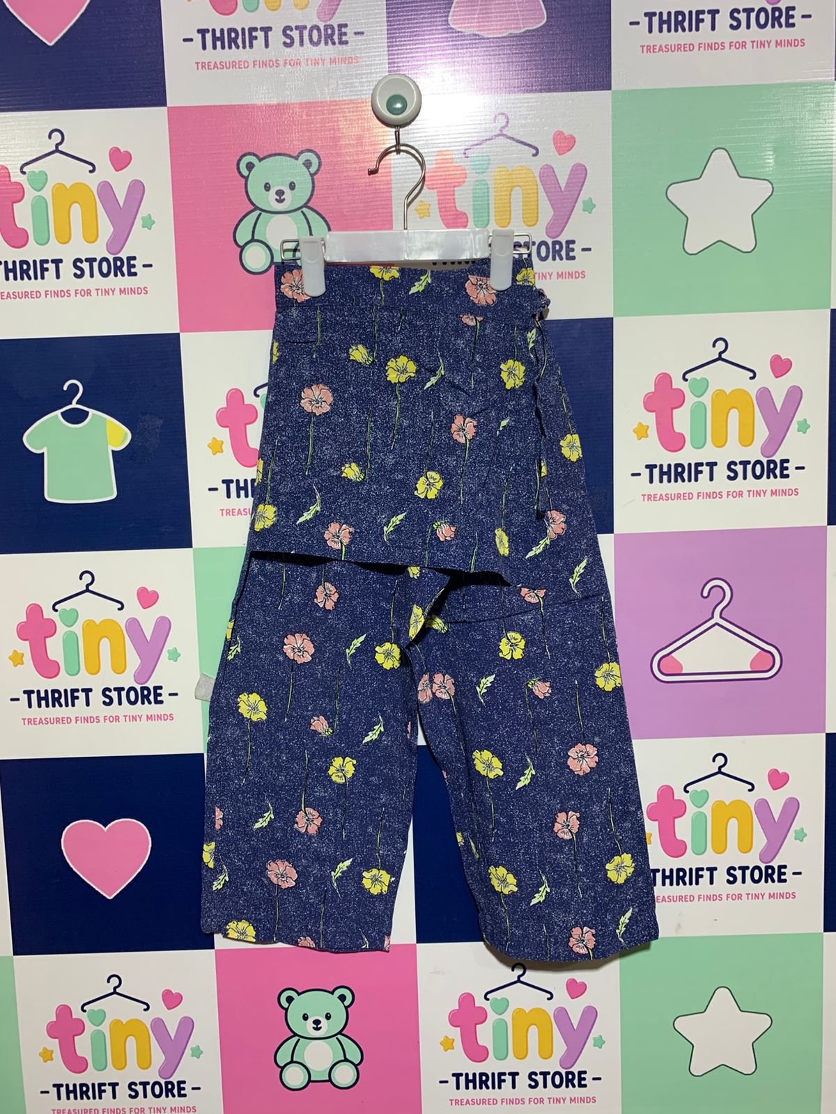 H&M Kids Girls Navy Blue Floral Wrap-Front Wide-Leg Culottes - Size Estimated Age 7-8 Years AB1