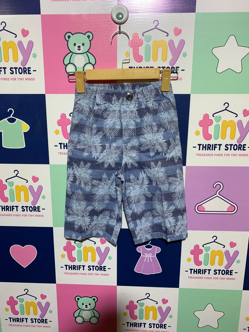 Boys Blue "Tropical Palm" Striped Denim Deck Shorts - Size Estimated Age 9-10 Years AB1