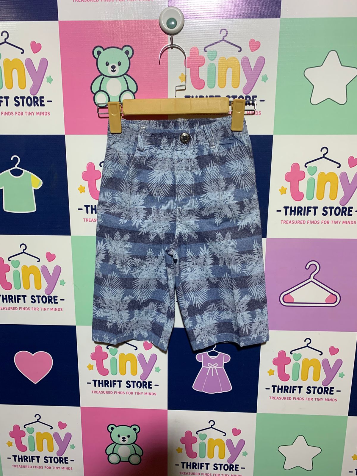 Boys Blue "Tropical Palm" Striped Denim Deck Shorts - Size Estimated Age 9-10 Years AB1