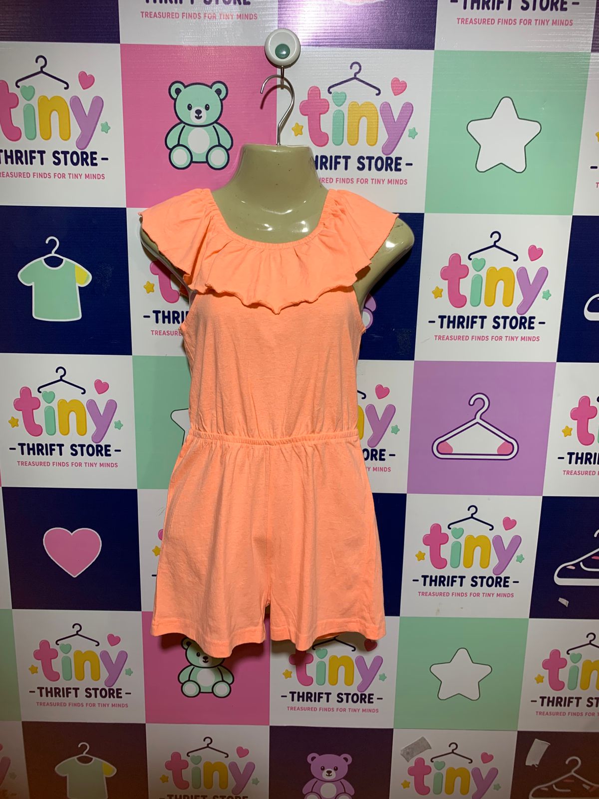 Y.F.K. Girls Peach Ruffled Off-the-Shoulder Romper - Size Estimated Age 7-8 Years AB1