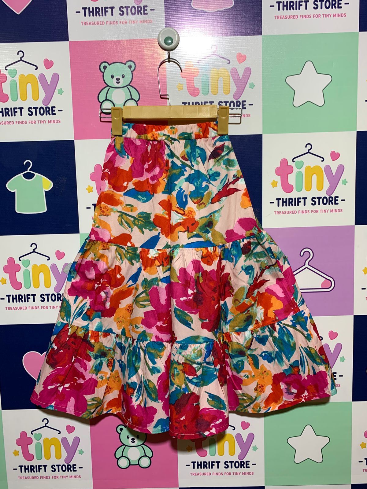 SHEIN Girls Vibrant Multi-Color Floral Tiered Maxi Skirt - Size Estimated Age 7 Years AB1
