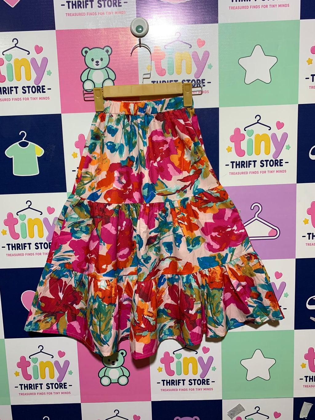 SHEIN Girls Vibrant Multi-Color Floral Tiered Maxi Skirt - Size Estimated Age 7 Years AB1