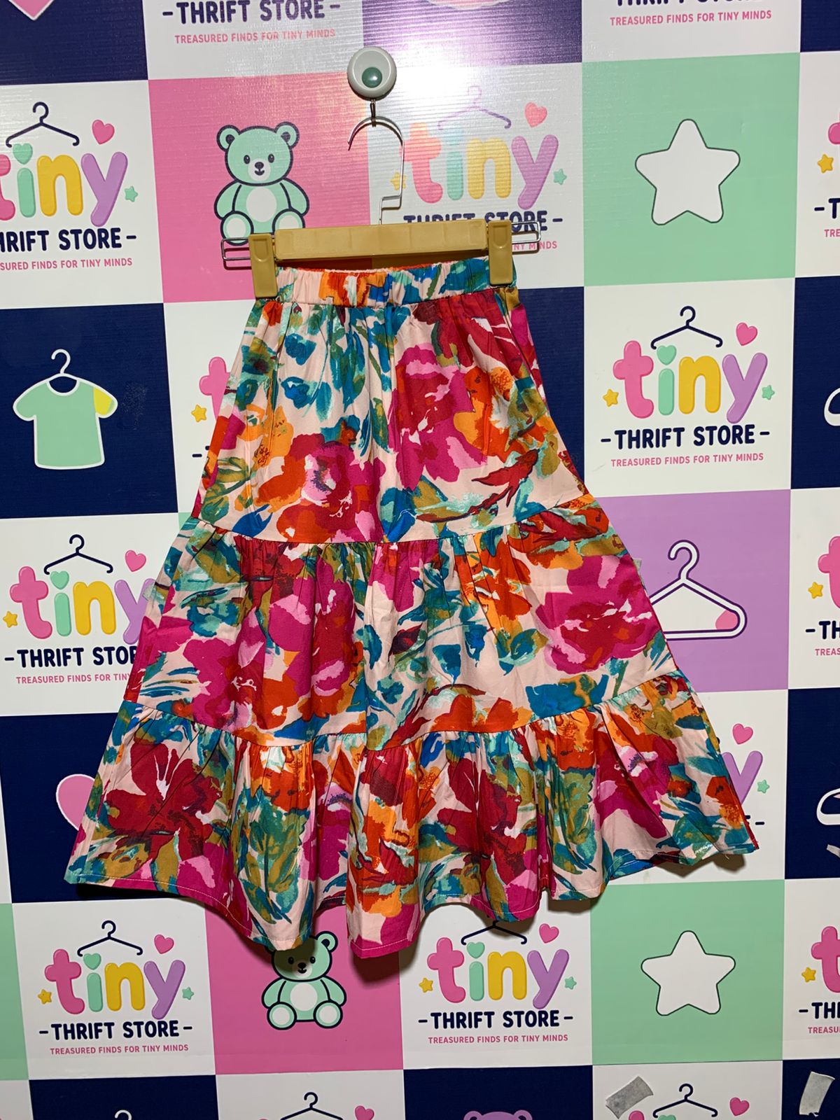SHEIN Girls Vibrant Multi-Color Floral Tiered Maxi Skirt - Size Estimated Age 7 Years AB1