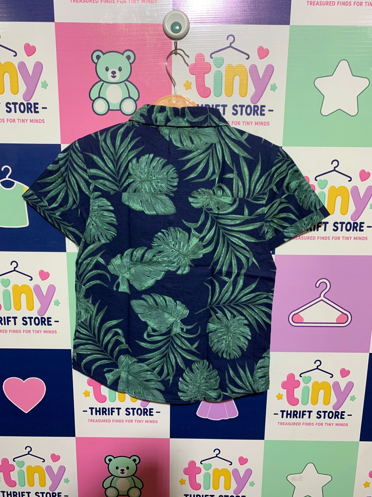 Primark Boys Navy Blue Tropical Monstera Leaf Print Short Sleeve Button-Down Shirt - Size Estimated Age 9-10 Years AB1