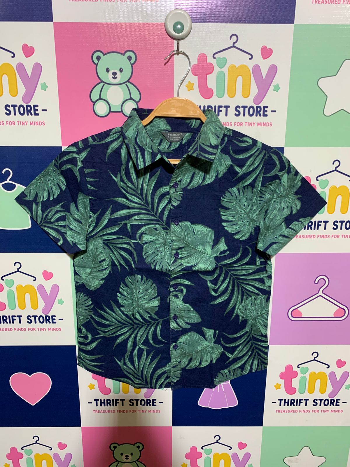 Primark Boys Navy Blue Tropical Monstera Leaf Print Short Sleeve Button-Down Shirt - Size Estimated Age 9-10 Years AB1