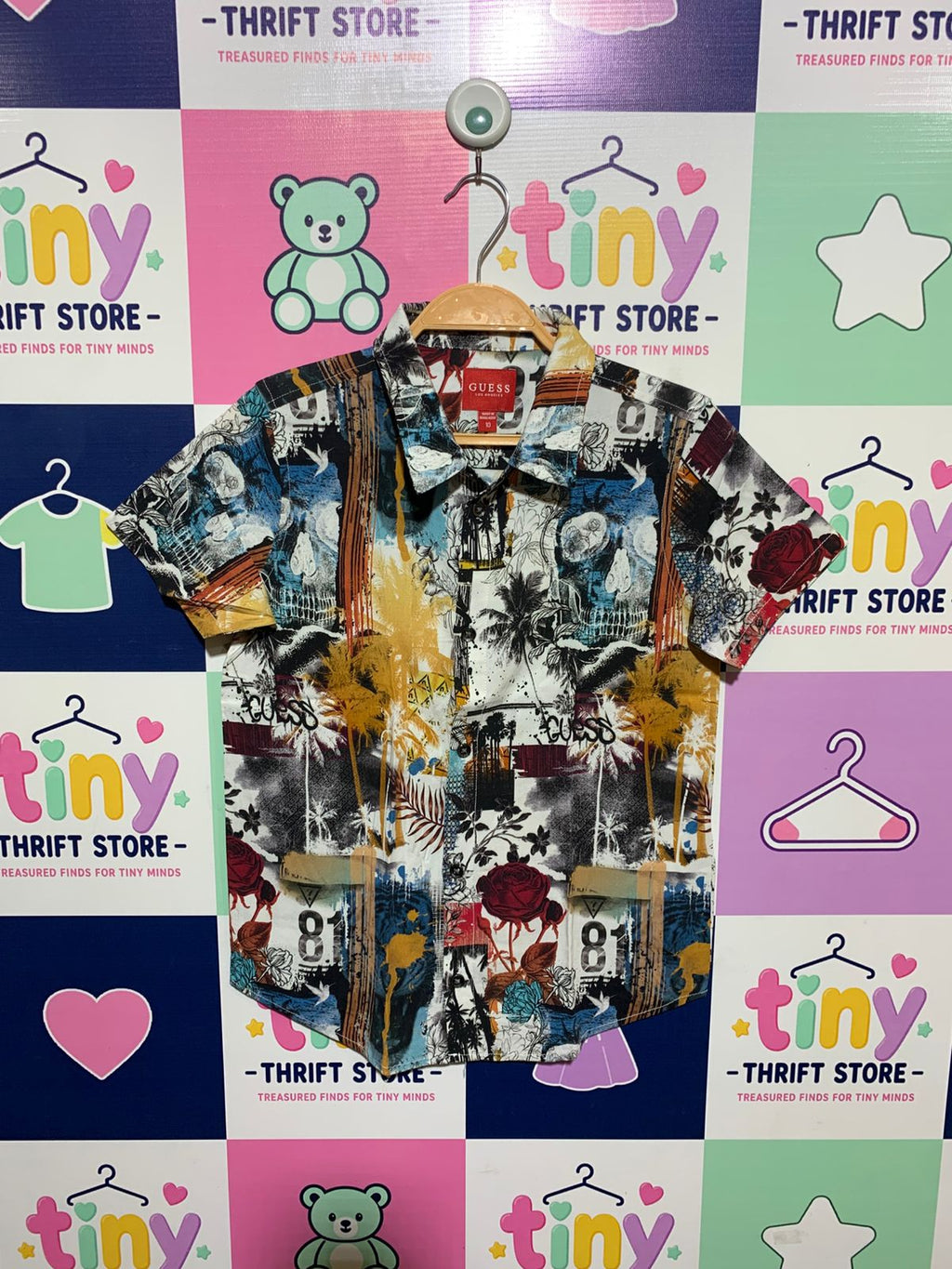 GUESS Boys Multicolor "Street Art & Palm" Graphic Short Sleeve Button-Down Shirt - Size Estimated Age 10 Years AB1