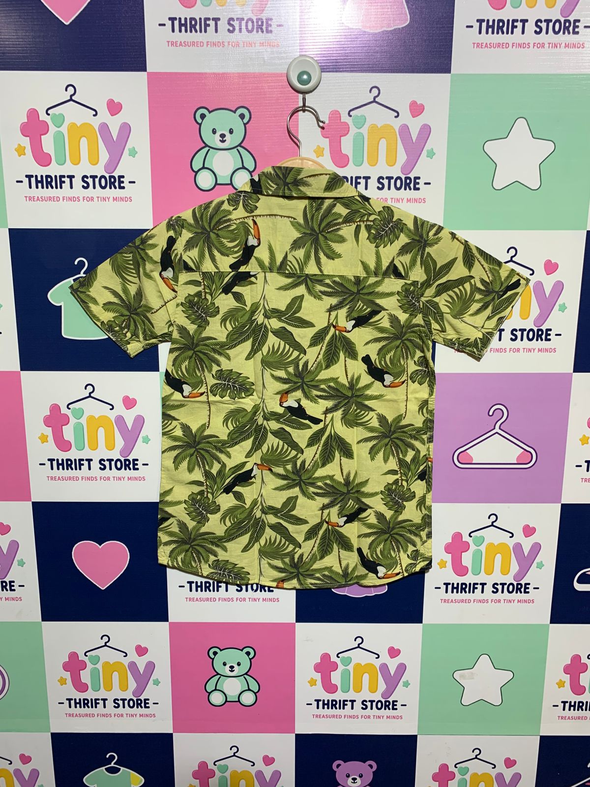 Lager 157 Boys Lime Green Tropical Toucan & Palm Print Short Sleeve Shirt - Size Estimated Age 10 Years AB1