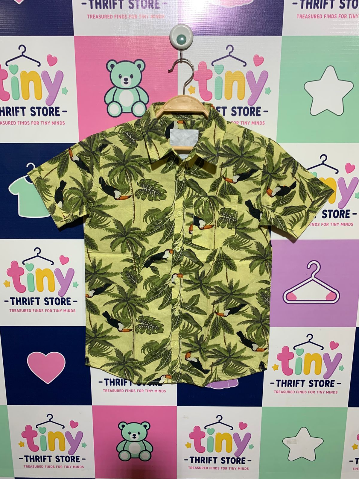 Lager 157 Boys Lime Green Tropical Toucan & Palm Print Short Sleeve Shirt - Size Estimated Age 10 Years AB1