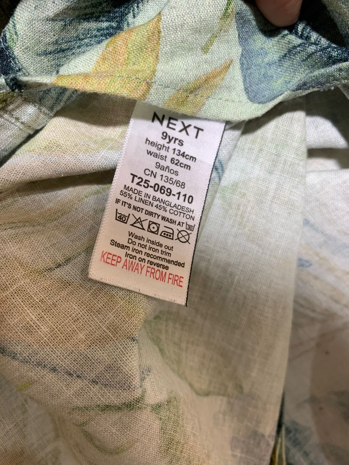 Next Boys Sage Green "Linen-Cotton" Tropical Botanical Short Sleeve Shirt - Size Estimated Age 9 Years AB1