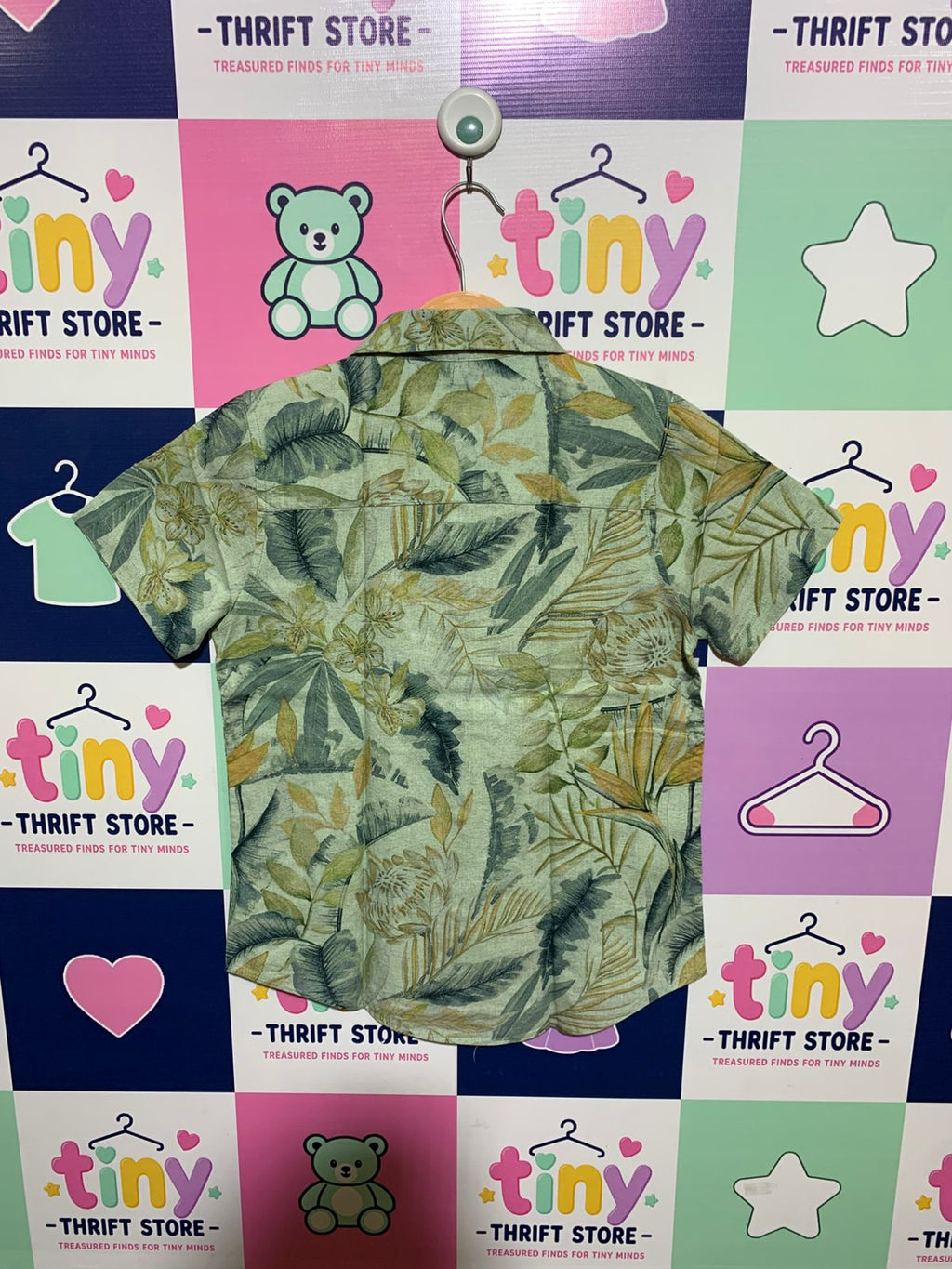 Next Boys Sage Green "Linen-Cotton" Tropical Botanical Short Sleeve Shirt - Size Estimated Age 9 Years AB1