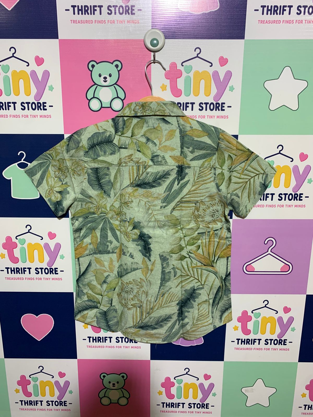 Next Boys Sage Green "Linen-Cotton" Tropical Botanical Short Sleeve Shirt - Size Estimated Age 9 Years AB1