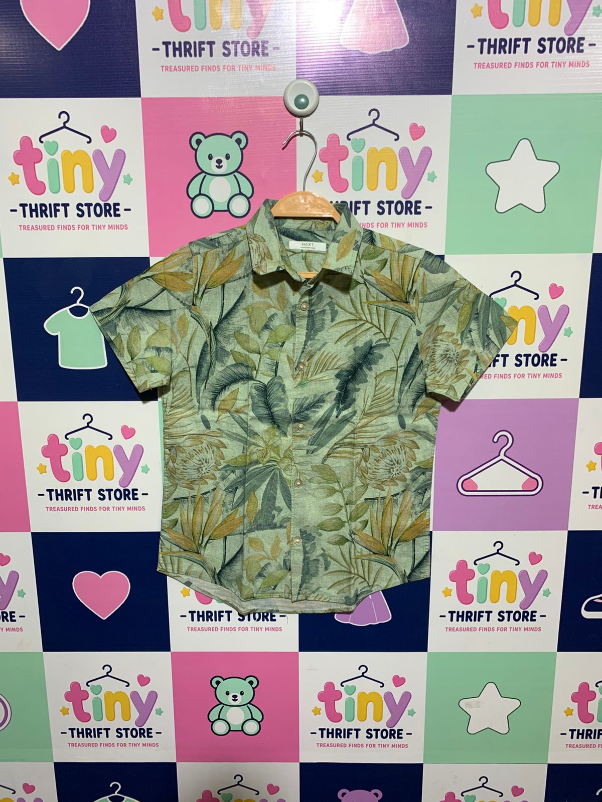Next Boys Sage Green "Linen-Cotton" Tropical Botanical Short Sleeve Shirt - Size Estimated Age 9 Years AB1
