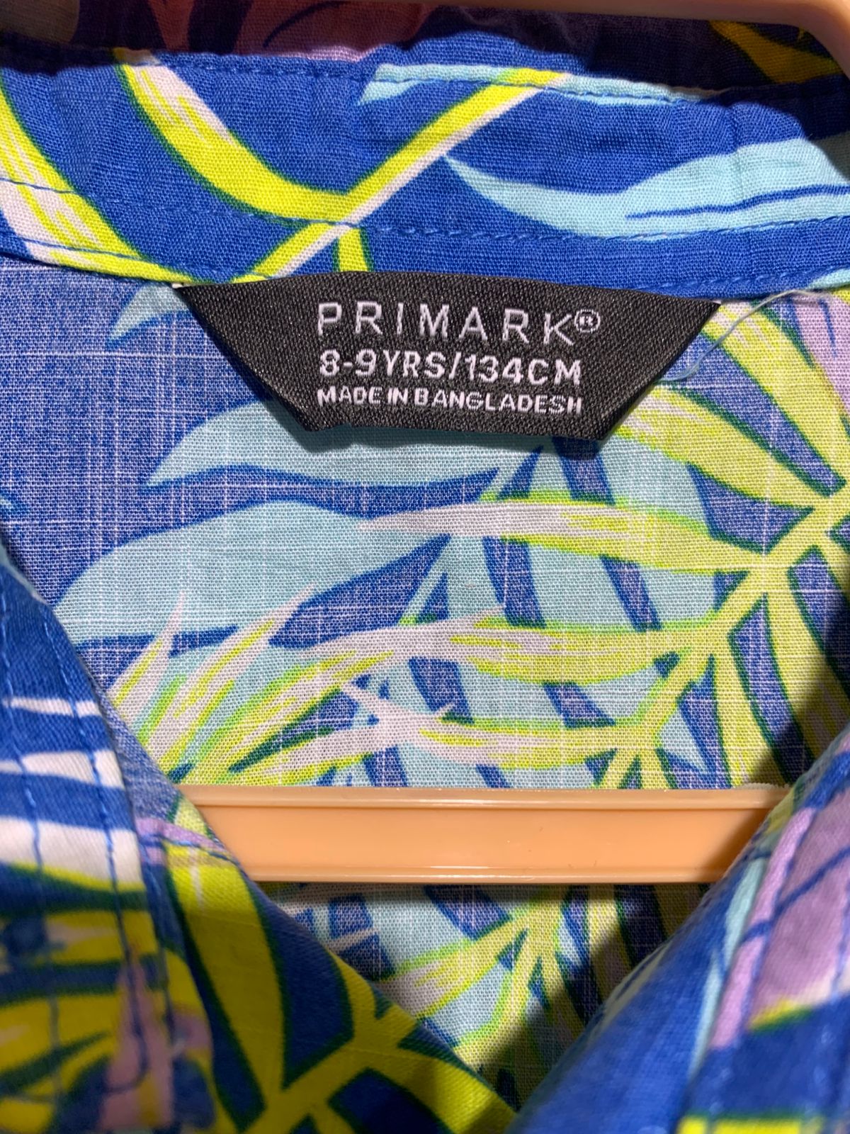 Primark Boys Royal Blue "Vibrant Palm" Short Sleeve Button-Down Shirt - Size Estimated Age 8-9 Years AB1