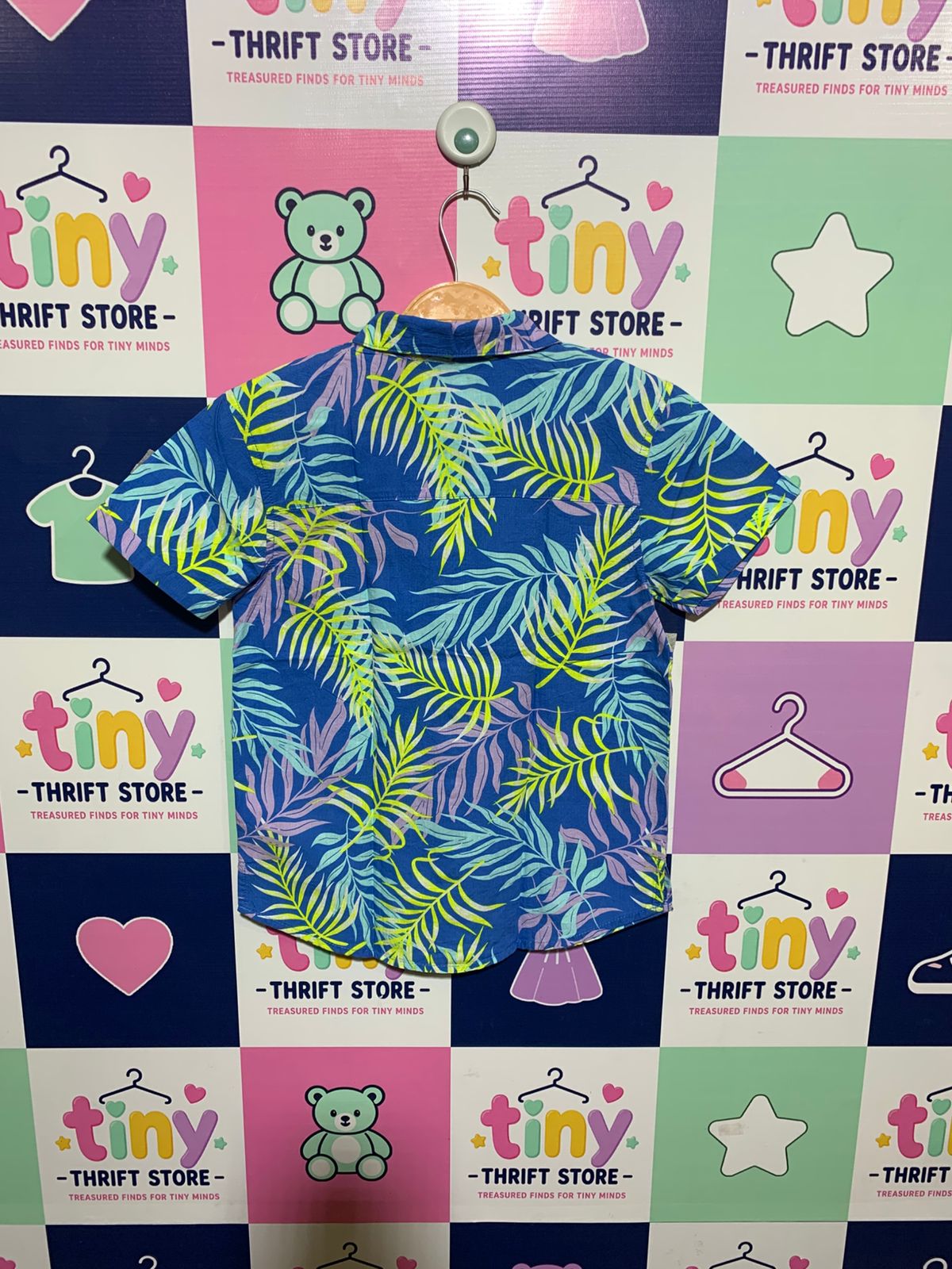 Primark Boys Royal Blue "Vibrant Palm" Short Sleeve Button-Down Shirt - Size Estimated Age 8-9 Years AB1