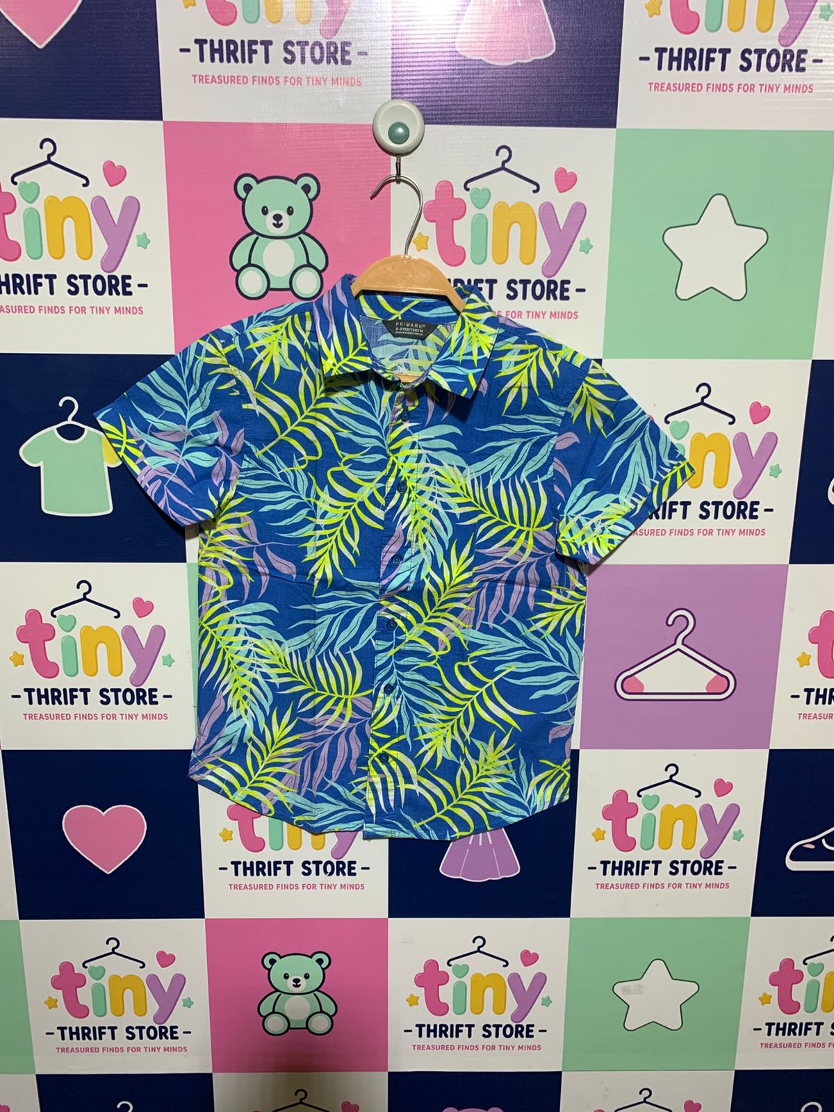Primark Boys Royal Blue "Vibrant Palm" Short Sleeve Button-Down Shirt - Size Estimated Age 8-9 Years AB1
