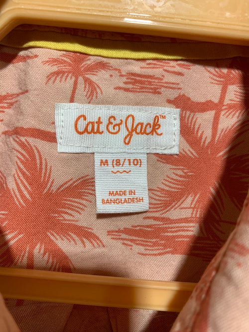Cat & Jack Boys Peach "Dinosaur Paradise" Tropical Short Sleeve Button-Down Shirt - Size Estimated Age 8-10 Years AB1