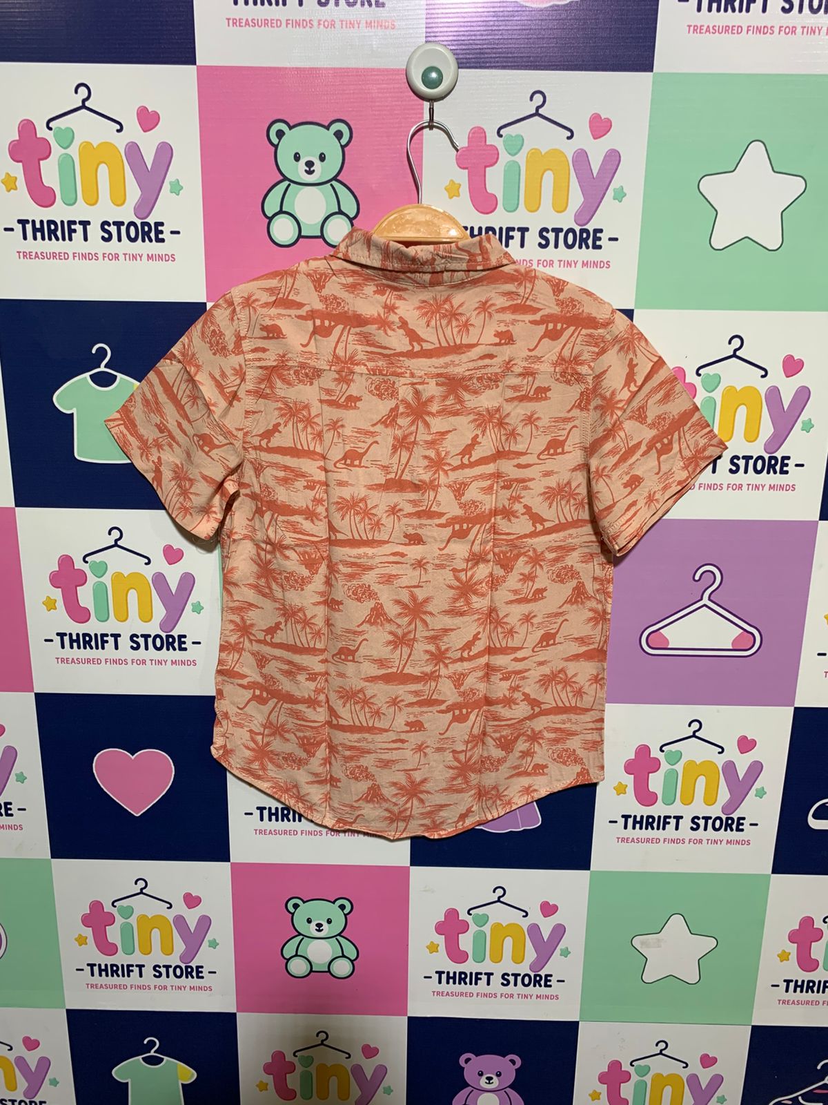 Cat & Jack Boys Peach "Dinosaur Paradise" Tropical Short Sleeve Button-Down Shirt - Size Estimated Age 8-10 Years AB1