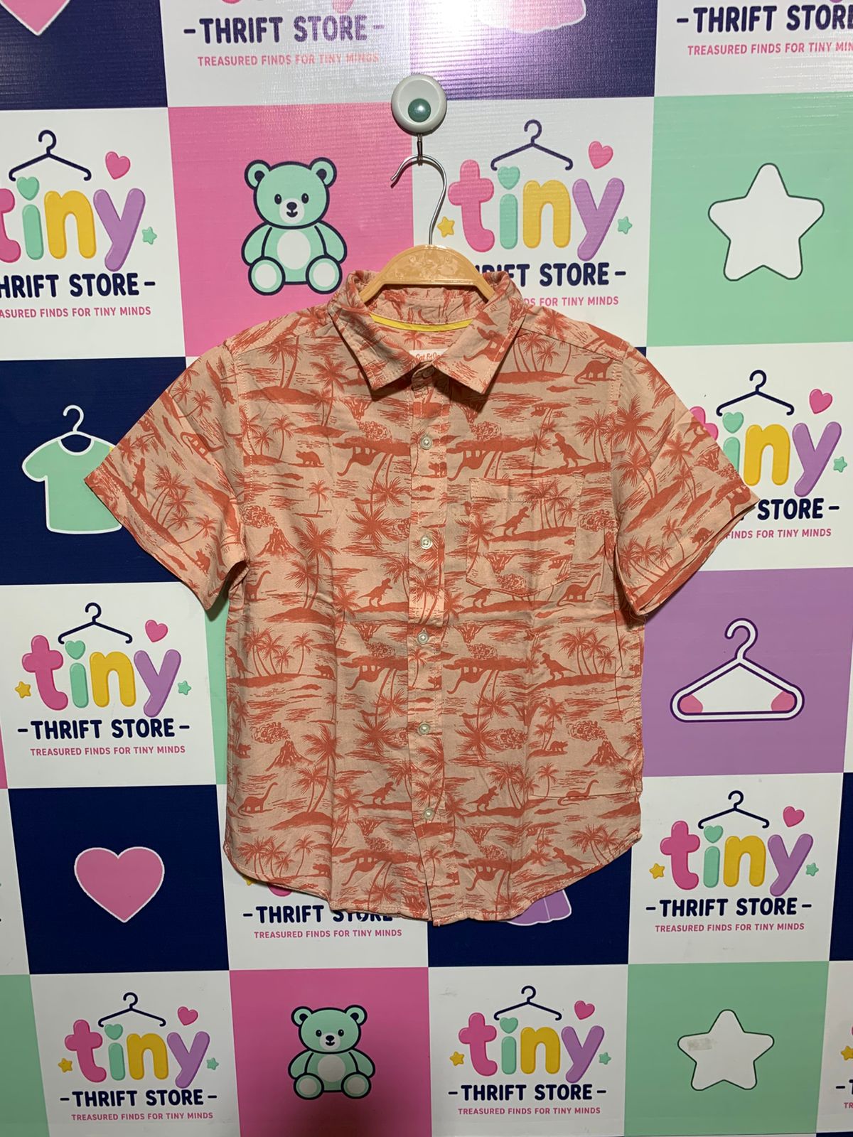 Cat & Jack Boys Peach "Dinosaur Paradise" Tropical Short Sleeve Button-Down Shirt - Size Estimated Age 8-10 Years AB1