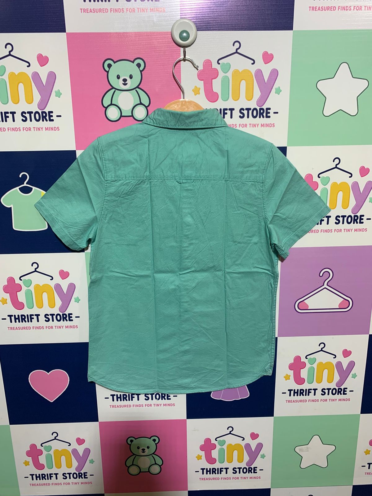 H&M Boys Mint Green Short Sleeve Oxford Shirt with Lion Embroidery - Size Estimated Age 9-10 Years AB1