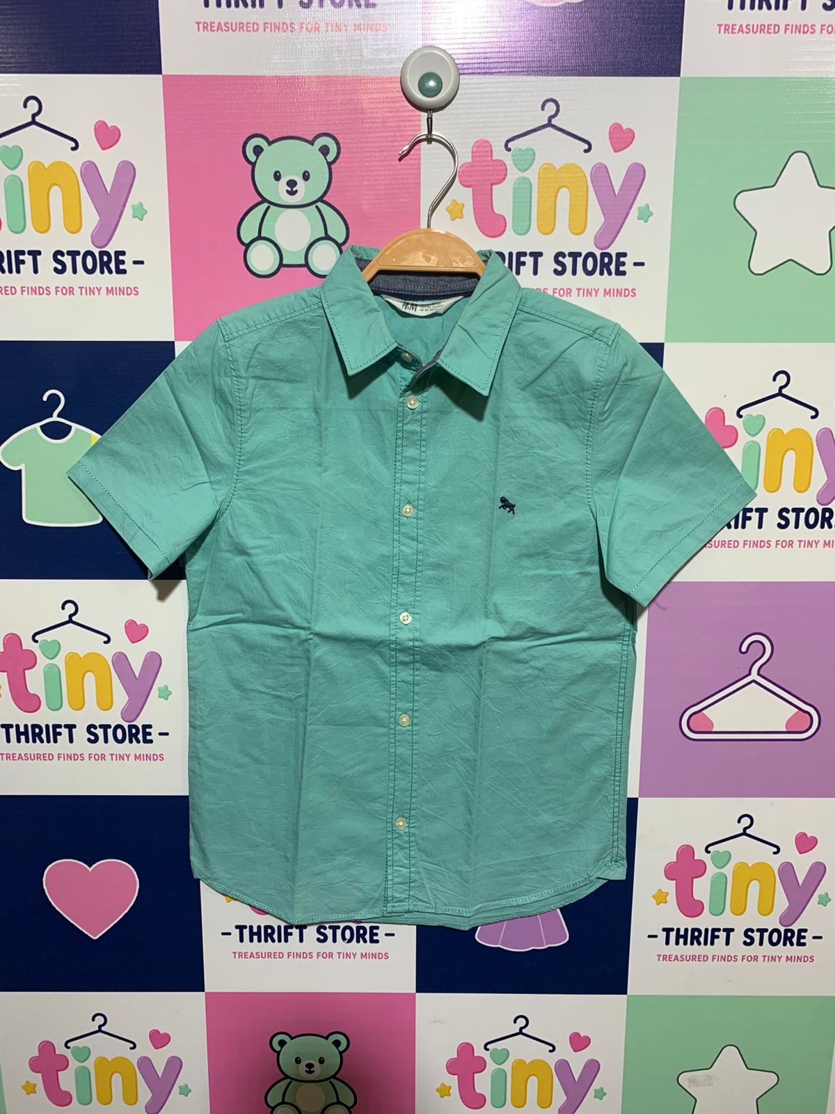 H&M Boys Mint Green Short Sleeve Oxford Shirt with Lion Embroidery - Size Estimated Age 9-10 Years AB1