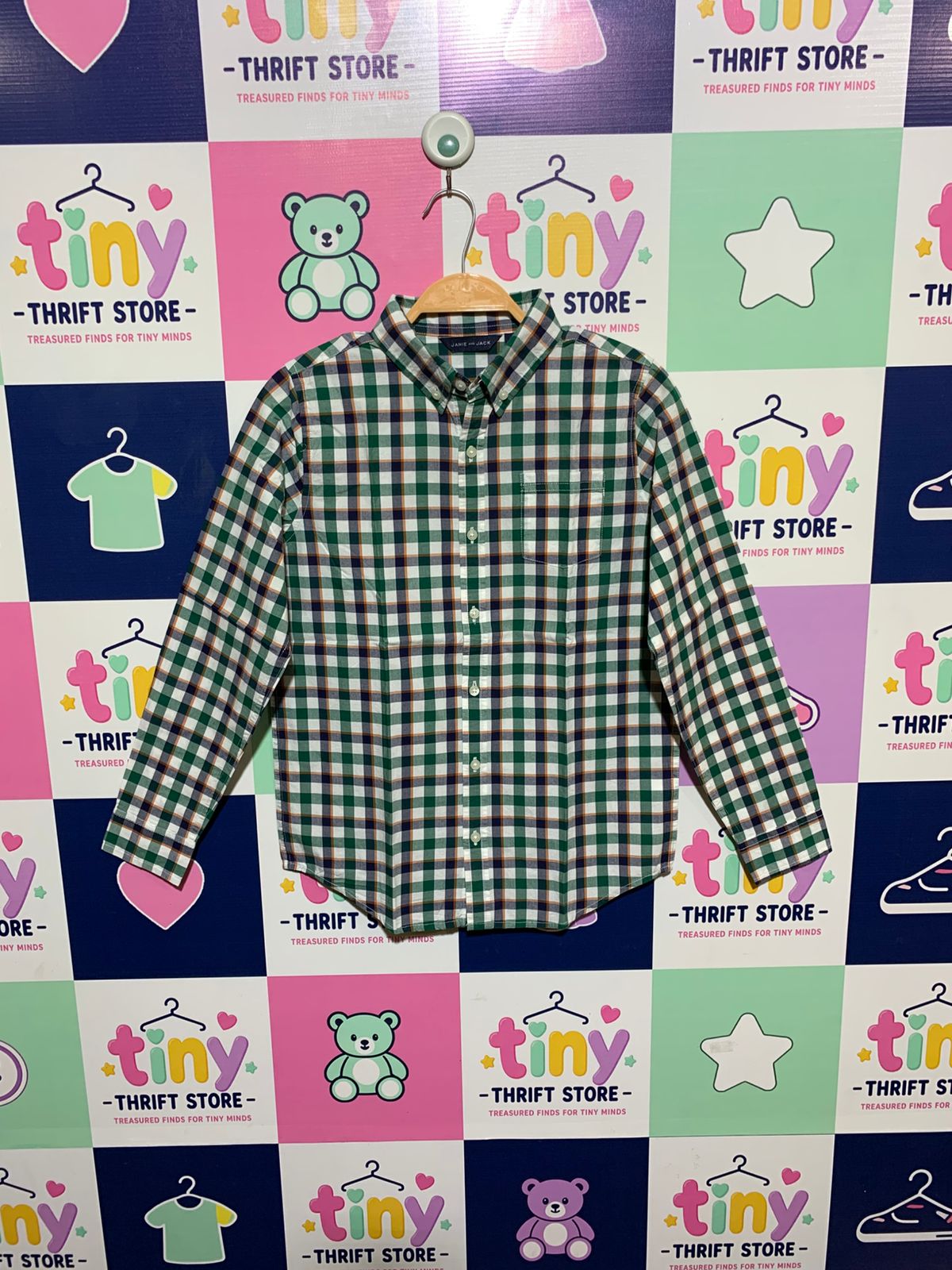 Janie and Jack Boys Green and Navy Plaid Long Sleeve Button-Down Shirt - Size Estimated Age 10 Years AB1