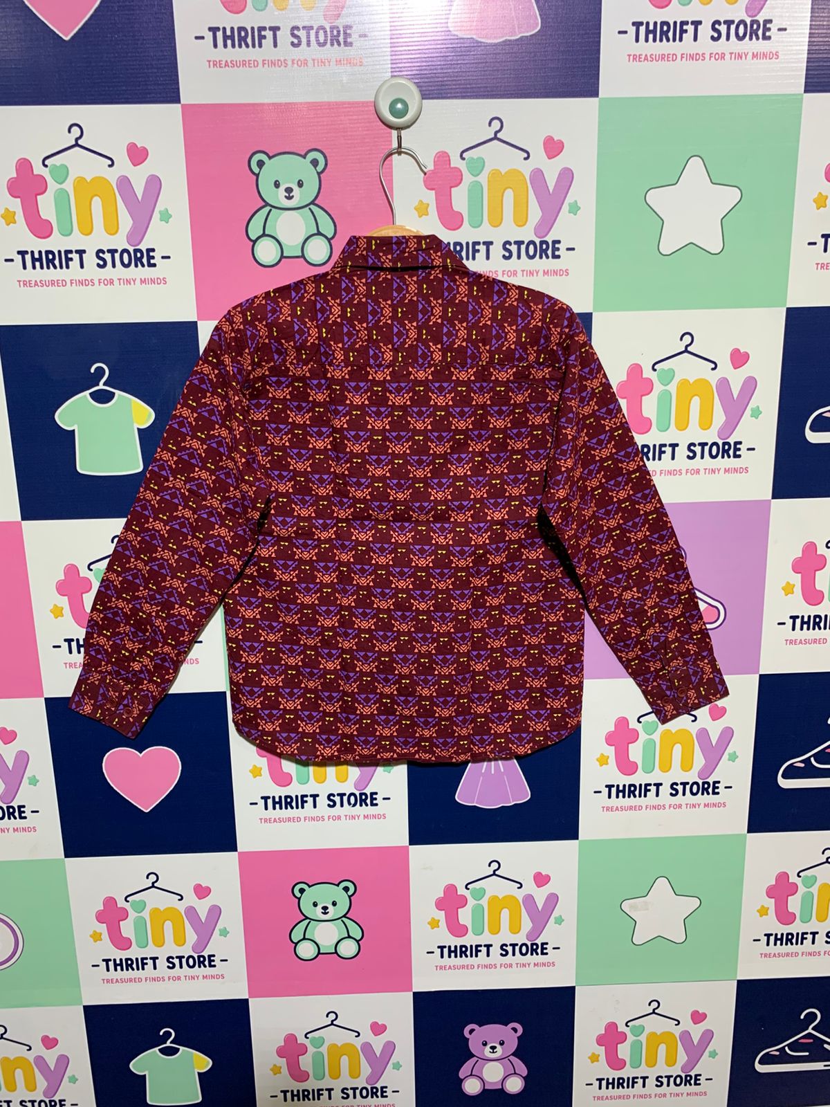 Aarong Boys Maroon Ethnic Geometric Print Long Sleeve Button-Down Shirt - Size Estimated Age 8-9 Years AB1